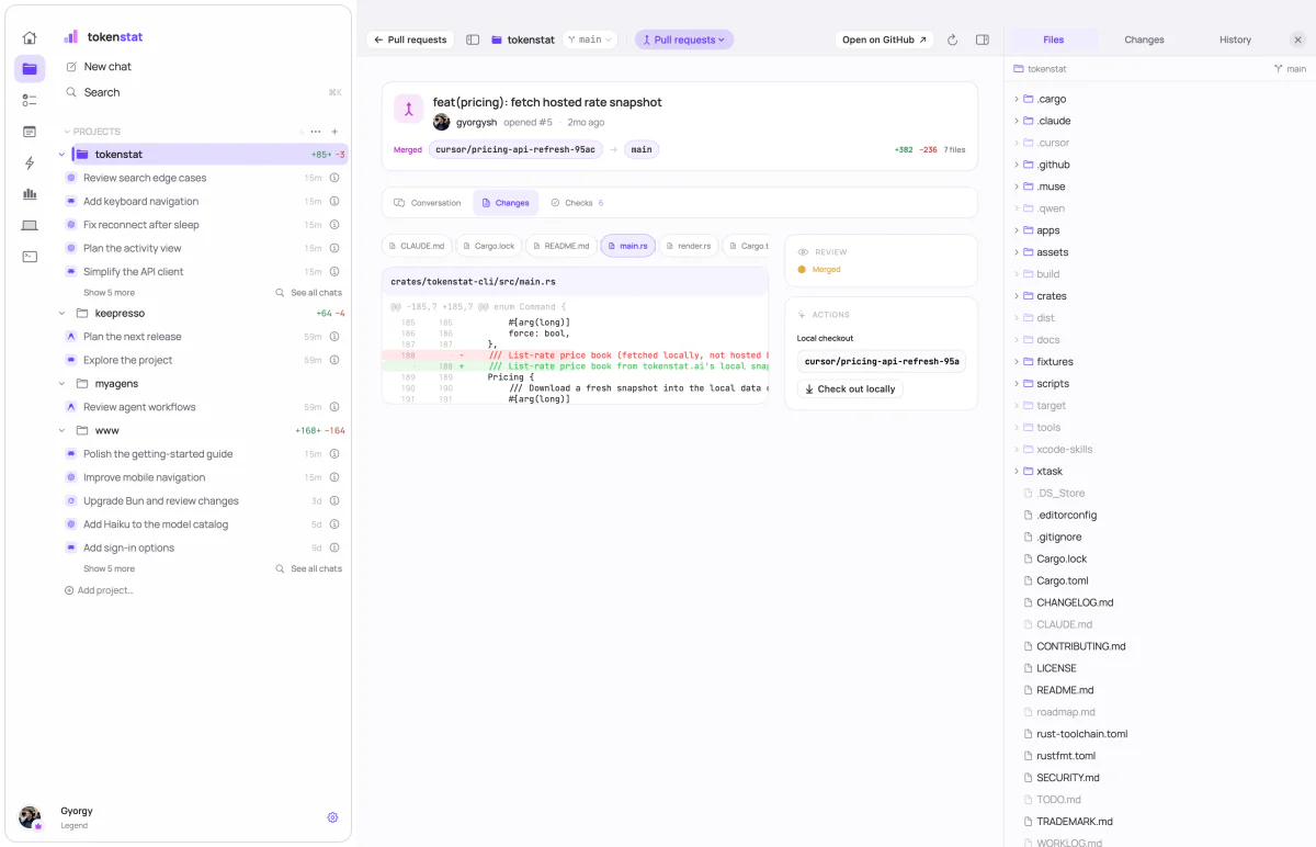 A merged pull request open in tokenstat: its title and branch, the changed files as tabs, a red and green diff of one file, and an action to check the branch out locally