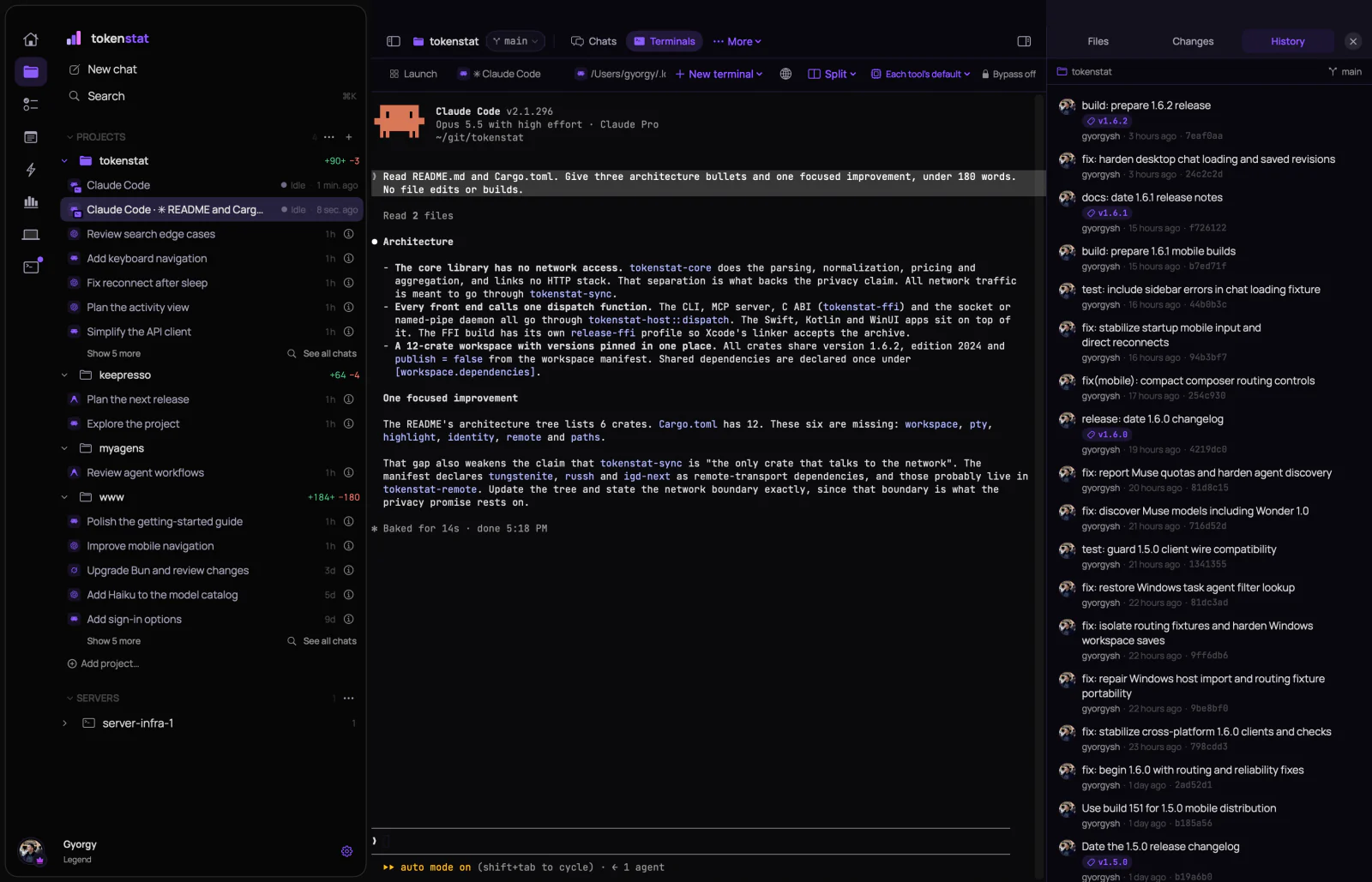 Claude Code running in a terminal inside the tokenstat Mac app, with the repository's chats in the sidebar and its commit history open on the right