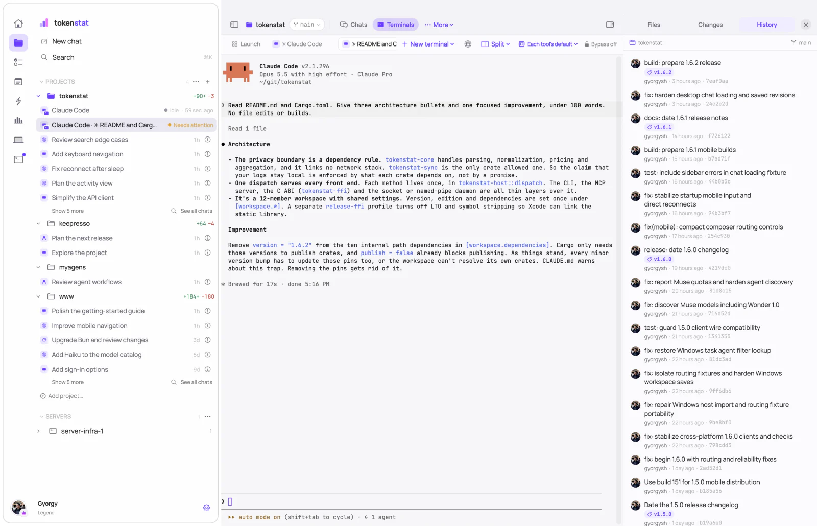 Claude Code running in a terminal inside the tokenstat Mac app, with the repository's chats in the sidebar and its commit history open on the right