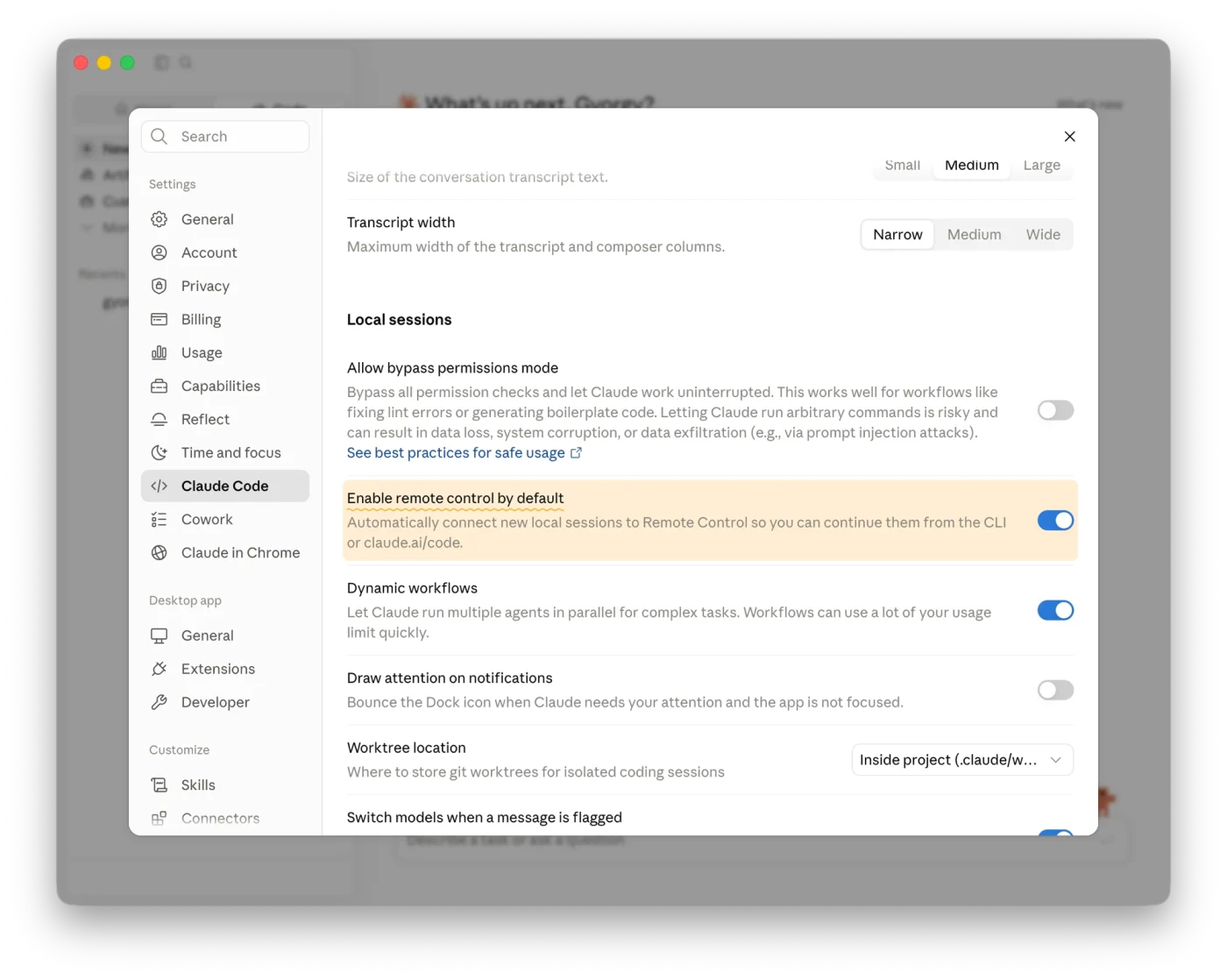 The Claude desktop app settings showing the Enable remote control by default toggle switched on under Local sessions