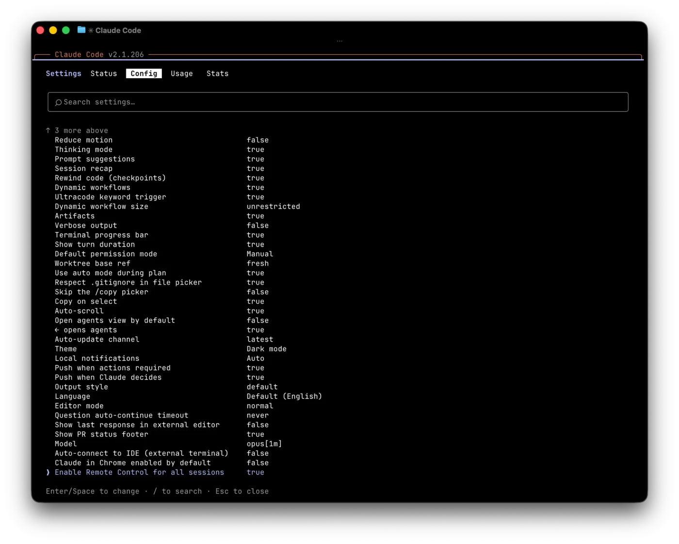 The Claude Code CLI config screen with the setting Enable Remote Control for all sessions set to true